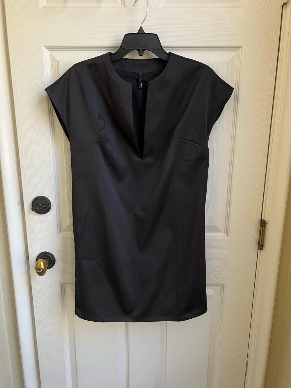 Staple Black Satin Notch-Neck Cap Sleeve Mini Dress